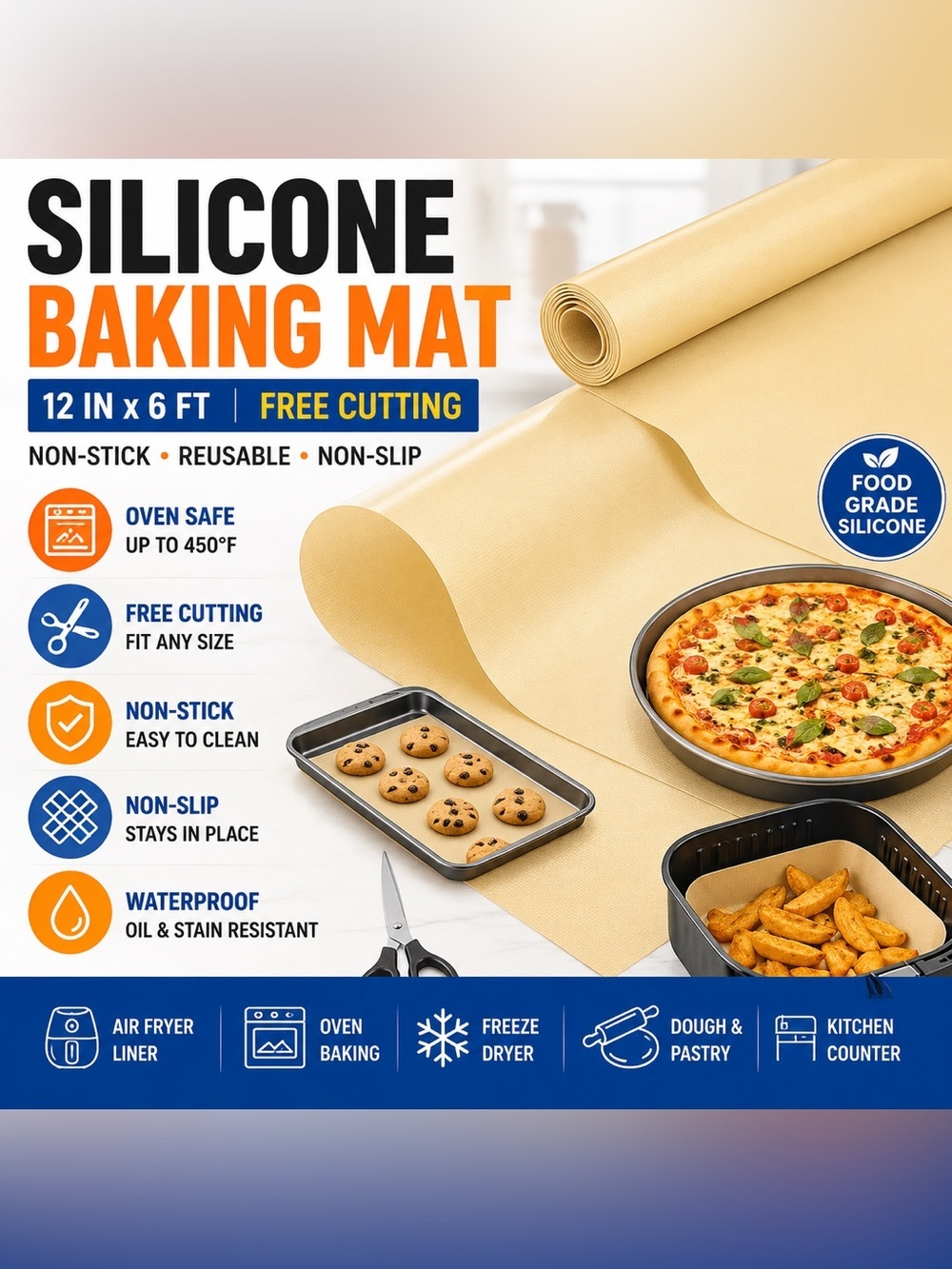 Non-Stick Silicone Baking Mat - Beige Reusable Oven & Air Fryer Liner